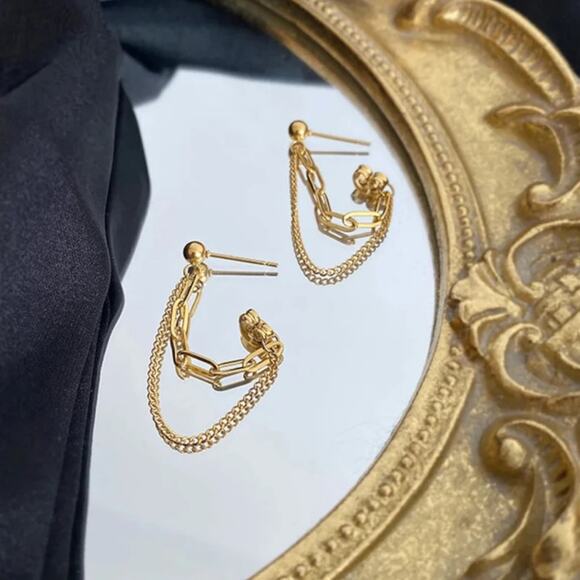 NEW 18K yellow gold plated double chain dangle drop earrings jewelry B25A - Picture 4 of 10